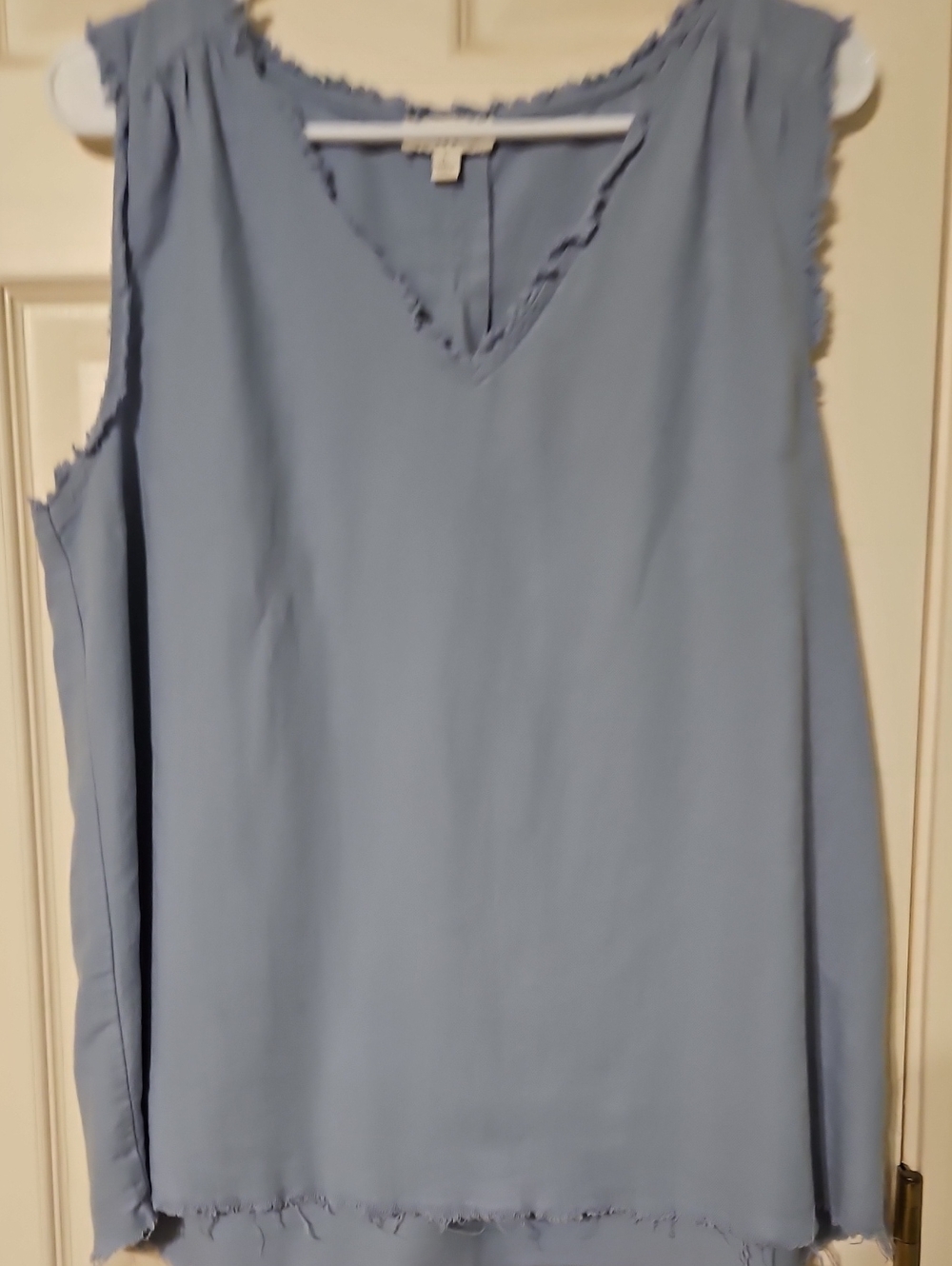 Umgee Large Frayed V-Neck Sleeveless Blouse - Light Blue